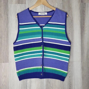 🛍Appleseeds‎ Vintage Purple Green Stripe Knit Button Sweater Vest Womens L